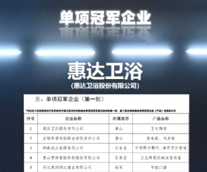 惠達(dá)衛(wèi)浴入選河北省制造業(yè)單項(xiàng)冠軍企業(yè)