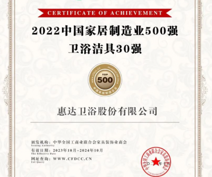 惠達(dá)衛(wèi)浴榮獲“2022中國家居制造業(yè)500強衛(wèi)浴潔具30強”